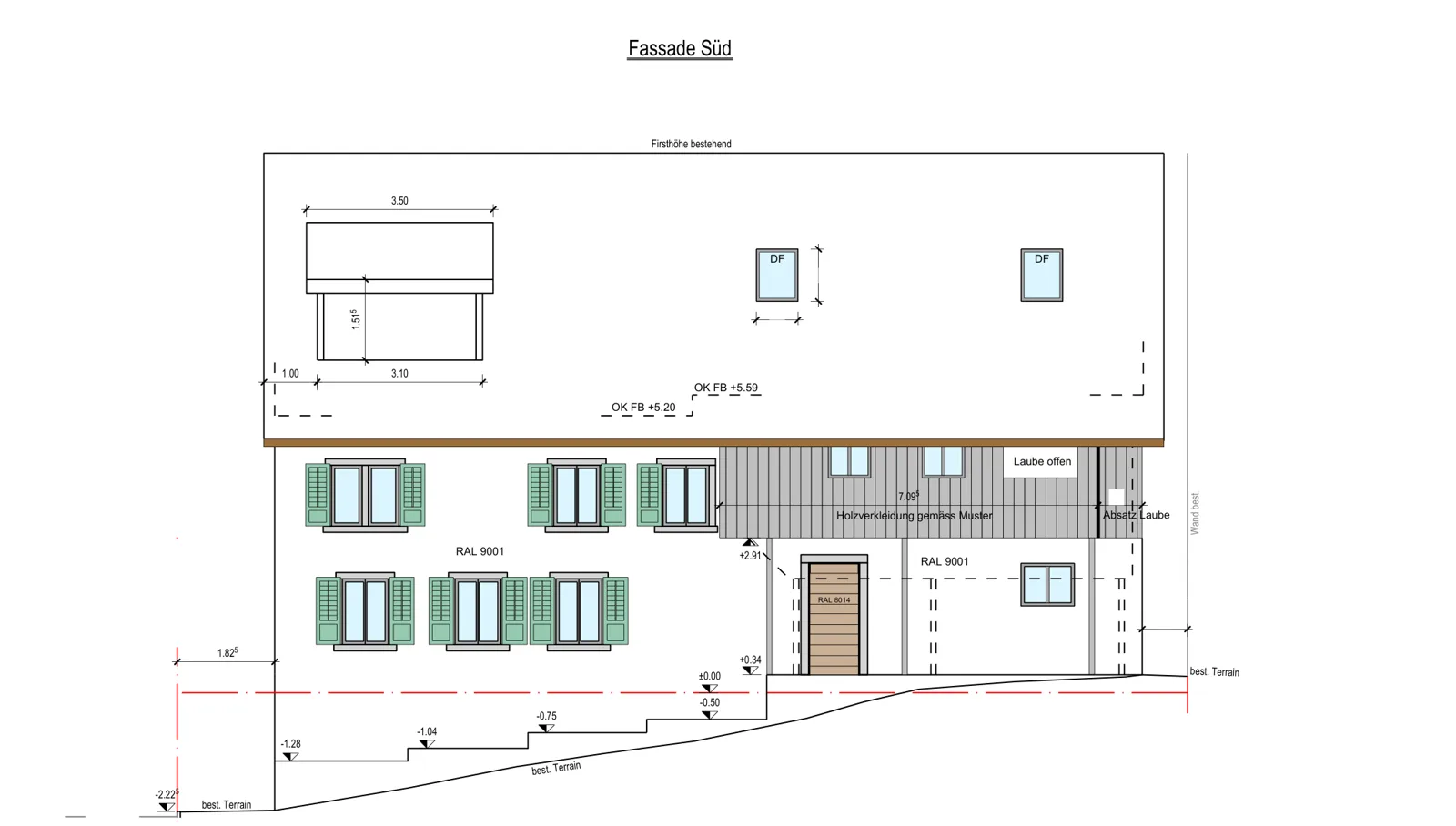 Baueingabeplan: Fassade Süd des umgebauten Hauses, Massstab 1:100